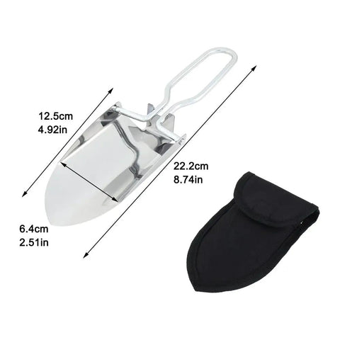 Compact Folding Camping Shovel With Durable Stainless Steel Build For Outdoor Survival Mini Shovel And Carrying Pouch In Silver
