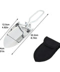 Mini Folding Shovel With Carrying Pouch For Camping And Hiking stainless steel trowel with ergonomic grip and case, size measured.