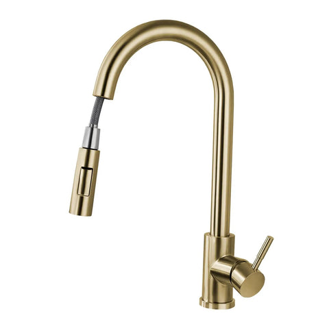Sink Faucet,360°Pull-Out Spray,Brushed Steel Hot and Cold Rotation (Gold) with pull-out spray head and lever controls.