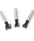 Heavy Duty Three Piece Keyhole Router Bit Set With Rugged Quarter Inch Shank Corrosion Resistant Coating showing carbide cutters for woodworking.