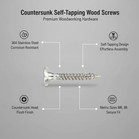 Self Tapping Wood Screws With Countersunk Head In 304 Stainless Steel For Flush Furniture Assembly And Woodworking Projects No Pre Drill Needed Easy Install, side view