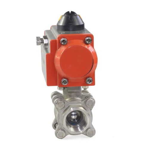 Three Quarter Inch Pneumatic Actuated Ball Valve Double Acting 3 Piece Stainless Steel Valve With PTFE Seats front view