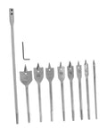 Front view: Set of 10 flat-bore woodworking drill bits with hex key; steel shanks and size marks 32,25,19,16,13,10,6 mm
