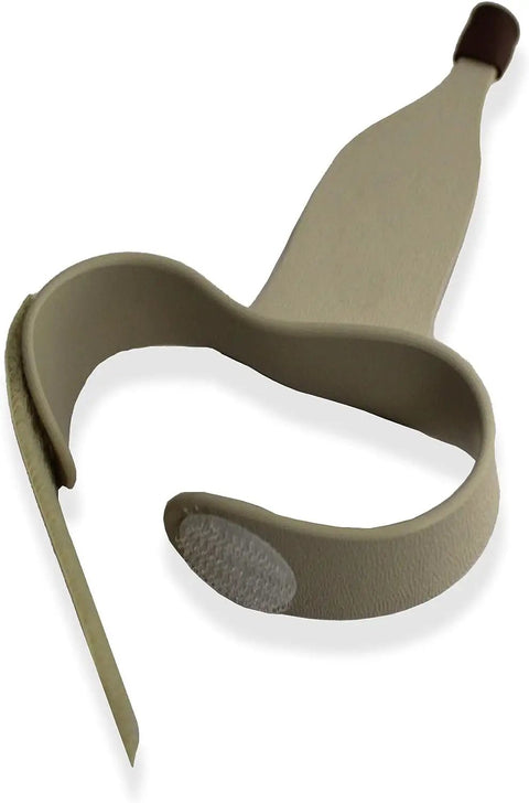 Game Changing Keyboard Typing Assistant Accessory, tan ergonomic desk tool showing adjustable strap and hook, compact and durable