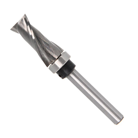 Compact Up And Down Compression Router Bit For Woodworking Carving Engraving With Hardened Steel Core For Flush Trim Finish On Any Direction Endgrain Perfect For Table Mount Or Handheld Tools, close-up view.