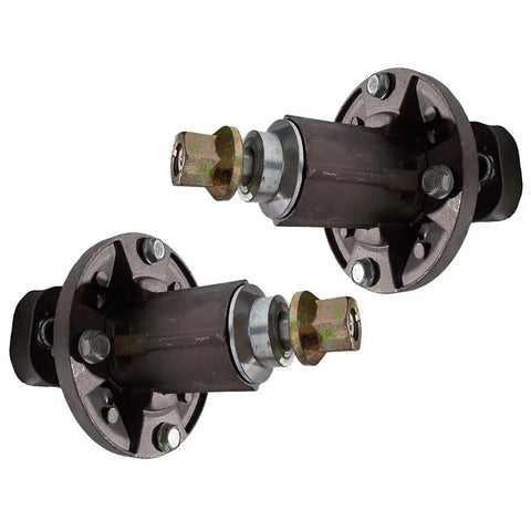 Two sealed spindle assemblies for 42 inch deck kit, designed for lawn riders, featuring heavy duty construction.