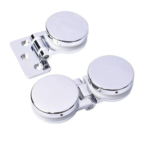 Frameless Glass Shower Hinge with Soft Close Damper No Slams, chrome finish, dual round zinc alloy build, visible mounting holes