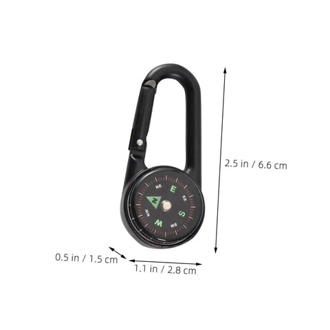 Black two pack outdoor hiking compass with carabiner keychain featuring dimensions, pocket navigation tool for camping and climbing.
