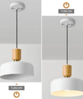 Modern Pendant Light With Natural Wood And Brass Accent, 12-Inch White Matte Shade, Adjustable Cord For Kitchen Island And Dining Room