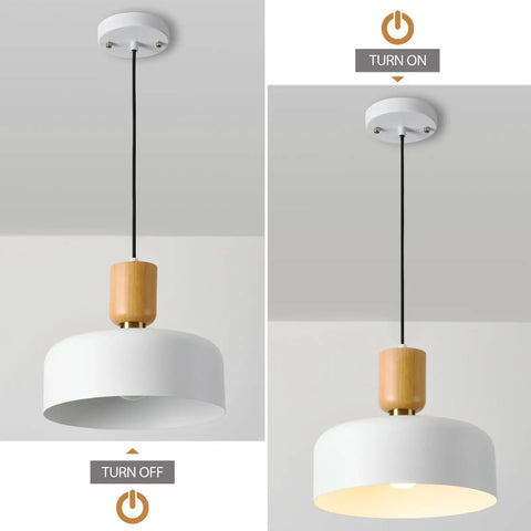 Modern Pendant Light With Natural Wood And Brass Accent, 12-Inch White Matte Shade, Adjustable Cord For Kitchen Island And Dining Room
