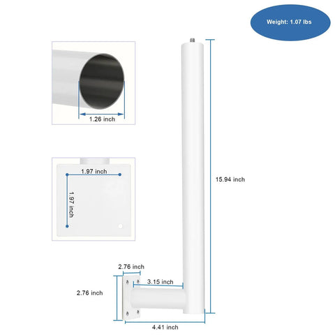Outdoor Weather Station Mount for Tempest, Weatherproof Aluminum Alloy With 1/4-20 Threaded Screw Mount, white dimensions shown