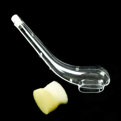 Queen Catcher Pipe Type Plastic Cage Beekeeping Tool Transparent with sponge plug, shown on black background.