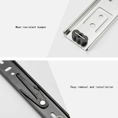 Bottom Mount Soft Close Beefy Heavy Duty Ball Bearing Drawer Slides With Full Extension Three Section Rails And Cushioned Rubber Pads Side Mounted Steel Rails 100 Lb Capacity Quiet Glide For Kitchen And Cabinet Drawers, showing wear-resistant bumper and easy installation design.