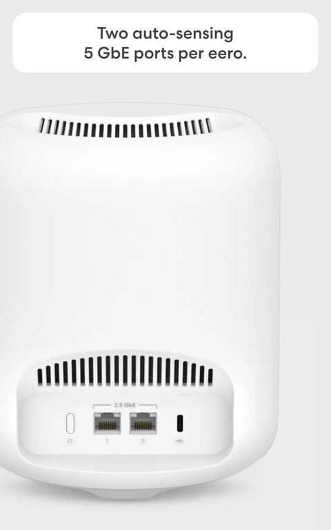 Back view of Tri-Band Mesh Wi-Fi 7 Router for large homes, showcasing two 5 GbE ports, gig speed 5 Gbps internet, 8000 sq ft coverage.