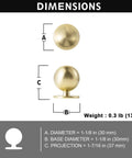 Solid Brass Cabinet Knob Set Of 6 Unlacquered Brass Round Ball Drawer Pulls dimensions diagram with 1 1/8 inch diameter