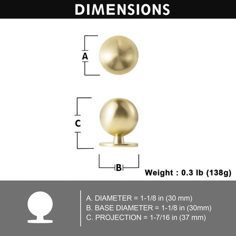 Solid Brass Cabinet Knob Set Of 6 Unlacquered Brass Round Ball Drawer Pulls dimensions diagram with 1 1/8 inch diameter