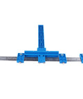 Precision Aluminum Punch Locator Drill Guide Jig For Pro Level Cabinetry And Carpentry Delivering Straight Up Zero Drama Doweling and Knockout Fitment Every Time, blue alignment tool with ruler.