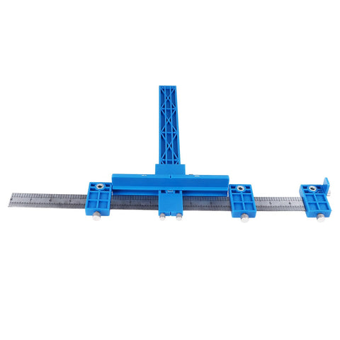 Precision Aluminum Punch Locator Drill Guide Jig For Pro Level Cabinetry And Carpentry Delivering Straight Up Zero Drama Doweling and Knockout Fitment Every Time, blue alignment tool with ruler.