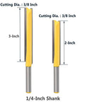 Heavy Duty Straight Router Bits For Fast Wood Trimming Double Flute Solid Steel Quarter Inch Shank displayed, 3-inch and 2-inch sizes.