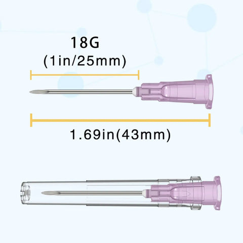 Sterile 18 Gauge 1 Inch Luer Lock Needles Pack Of 100 Disposable Individually Wrapped For Lab Research Industrial Use Plant Cultivation And Animal Husbandry Top Notch Single Use, showing needle dimensions 1 inch and 1.69 inches.