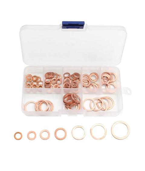 Copper Washers Assortment Kit With 100 Flat Gaskets In M4 M5 M6 M8 M10 M12 M14 For Cars Boats Plumbing And DIY Projects box