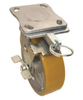 Pro Grade Kingpinless Plate Caster With Six Inch Polyurethane Swivel Wheel Rated At 1200 Pounds, showing heavy-duty swivel and locking mechanism.