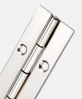 Close-up of Heavy Duty Stainless Steel Chrome Continuous Piano Hinge For Cabinets And Doors, 24 Inch with pre-drilled holes.