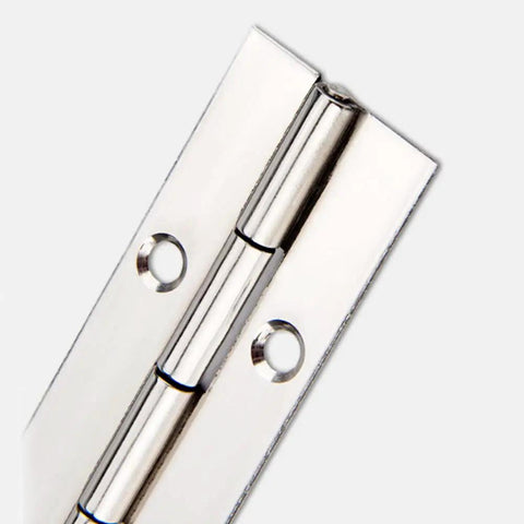 Close-up of Heavy Duty Stainless Steel Chrome Continuous Piano Hinge For Cabinets And Doors, 24 Inch with pre-drilled holes.