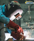 Front view of welder wearing protective mask and blue sleeves welding metal; BETOOLL logo in top-right.