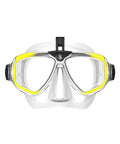 Galileo HUD Hands Free Dive Computer Mount for Zoom Masks With Secure Clip snapped onto SCUBAPRO mask, front view