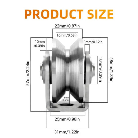 2 Pack V Groove Wheel Pulleys Measuring 1.89 Inch Made From Tough 201 Stainless Steel With Silent Double Bearings Sized For Sliding Gate Tracks And Steel Cables To Crush Heavy Loads And Glide Smoothly Through Daily Chores product size dimensions diagram.