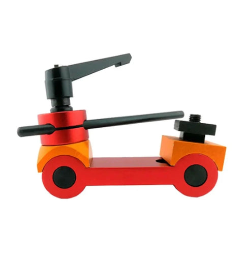 Heavy Duty Adjustable CNC Mill Work Stop Locator For Precision Workpiece Positioning showing red and orange adjustable stop with handles.
