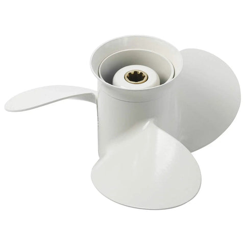 Beefed Up Aluminum Alloy Boat Propeller For Yamaha Outboard Motors Nine Point Nine To Fifteen HP Eight Spline Shaft Nine And A Quarter Inch Diameter With Pitch Options Of Nine Or Ten Inches viewed from an angle showing blades and central hub