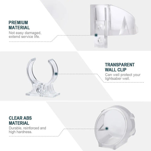 Diagram showing features of Totally Clear Lightsaber Wall Mount Set Dual Pack Holder Rack for Galaxy Edge Sabers