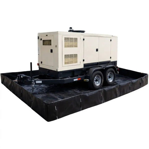MightyBerm Fuel Spill Containment Berm, 6 Foot By 10 Foot Large With 12 Inch Walls, 448 Gallon Capacity, black, with generator on it