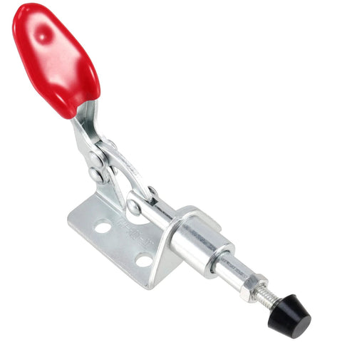 Close-up of 20 Pack Adjustable Toggle Clamps 301AM, Push Pull Quick Release Toggle Clamp with red handle and metal base.
