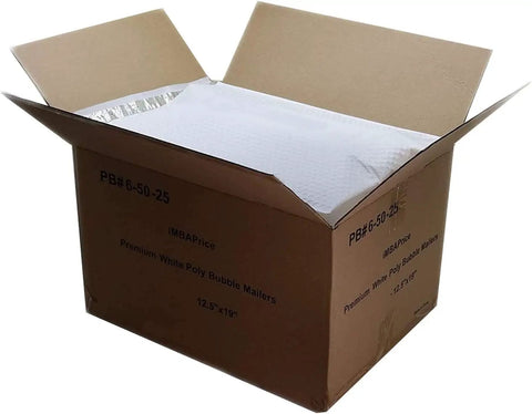 Open box with 12.5 By 19 Inch White Poly Bubble Mailers Self Seal Padded Packing Envelopes, 100 Pack, Large Size Bubble Lined Mailers
