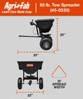 Tow Broadcast Spreader 85 Lb Capacity For Lawns with dimensions and spread width, 10 Inch Pneumatic Tires, Made In USA.
