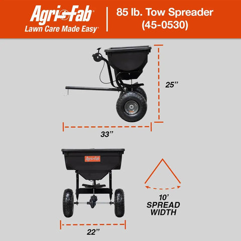 Tow Broadcast Spreader 85 Lb Capacity For Lawns with dimensions and spread width, 10 Inch Pneumatic Tires, Made In USA.