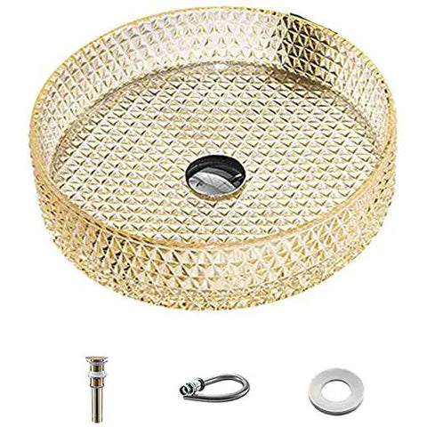s Vessel Sink, Tempered s Wash Basin for Bathroom & Bar, Countertop Sink with Accessories, Yellow Bathroom Decor, round design