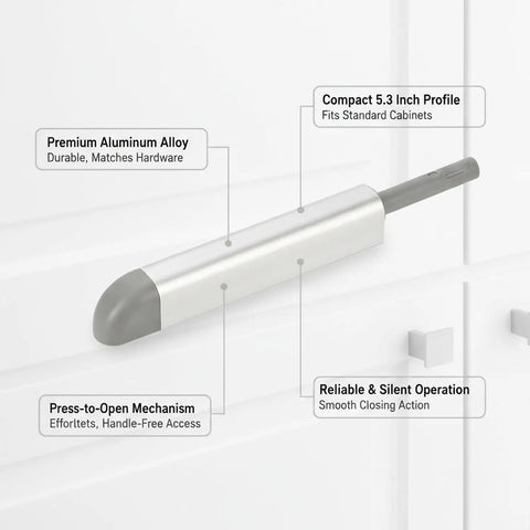 Press To Open Cabinet Latch Aluminum Alloy Push Catch For Handleless Doors And Drawers Silver Finish on white cabinet door