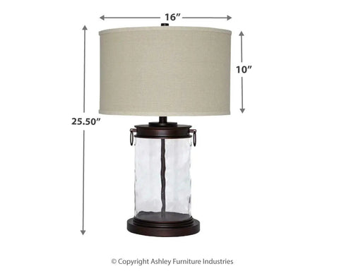 Glass Table Lamp With Bronze Finish Base And Fabric Drum Shade, Hardback Shade, Clear Glass Cylinder, 25.25 Inch Modern Desk Light