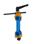 Heavy Duty Universal Cnc Mill Machine Positioner With Adjustable Workpiece Stop And Precision Milling Locator Tool For Serious Metal Shop and Pro Fab Work, blue and orange milling clamp from front view.