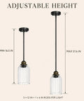 HXXLFONEDP 3 Pack Kitchen Island Pendant Lights, Ribbed Glass, Black with adjustable height measurements shown.