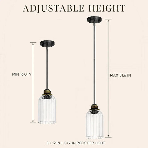 HXXLFONEDP 3 Pack Kitchen Island Pendant Lights, Ribbed Glass, Black with adjustable height measurements shown.