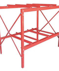 All American Workhorse Heavy Duty Steel Drum Rack Holds Four Fifty Five Gallon Barrels With Rock Solid Three Thousand Two Hundred Pound Capacity Powder Coated Red Garage Storage Rack, side view of sturdy red steel frame.
