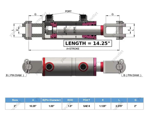 Rugged Heavy Duty Double Acting Hydraulic Cylinder With Welded Clevis, 3 Inch Bore, 4 Inch Stroke, Inline Ports, Parallel To Pin, SAE 8 Port, 3000 PSI Working Pressure, 1.5 Inch Shaft, 21206 Lb Load Capacity, Model CW3004 sectional view with 14.25 in length