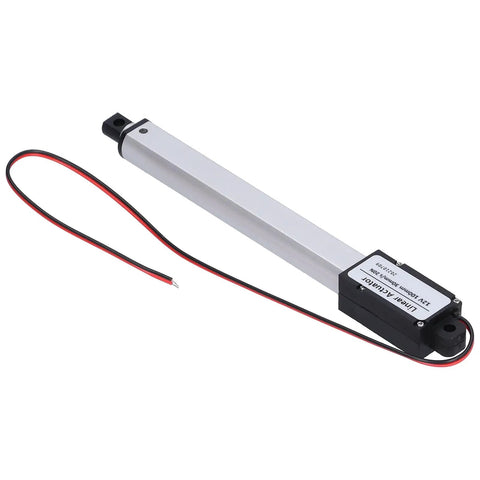 Compact 12V Mini Linear Actuator With No Fuss Operation aluminum tube frame with wires view, 100mm stroke for heavy duty setups.