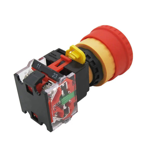 Red Mushroom Emergency Stop Push Button Switch With 1 NC 1 NO Contacts 22mm Panel Mount 6mm Thick Latching 600V 10A