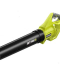 Heavy Duty Cordless Jet Fan Leaf Blower With 500 CFM And 110 MPH Turbo Boost, black and green handheld design for yard cleanup.